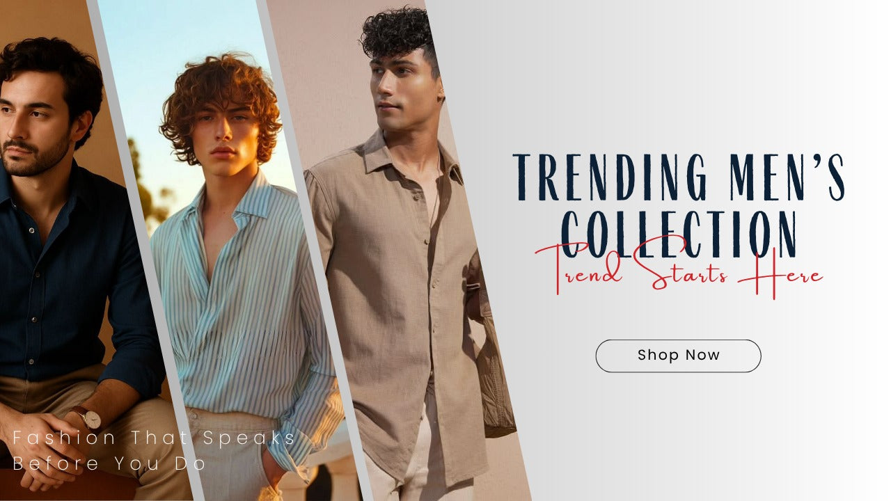 Volume Zero trending men's collection banner with models wearing casual shirts. Text reads Trending Men's Collection Trend Starts Here and Fashion That Speaks Before You Do